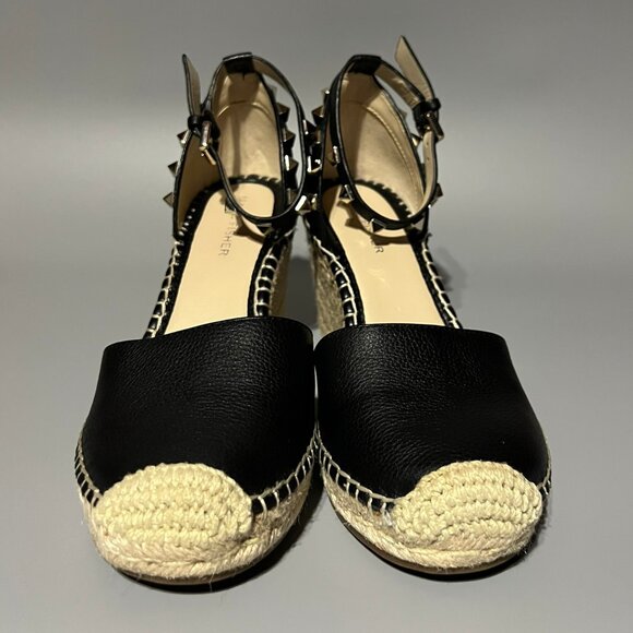 Marc Fisher Sakti Espadrille Sandal Black Studded Wedge Sandals Size 7 Leather - Picture 4 of 5